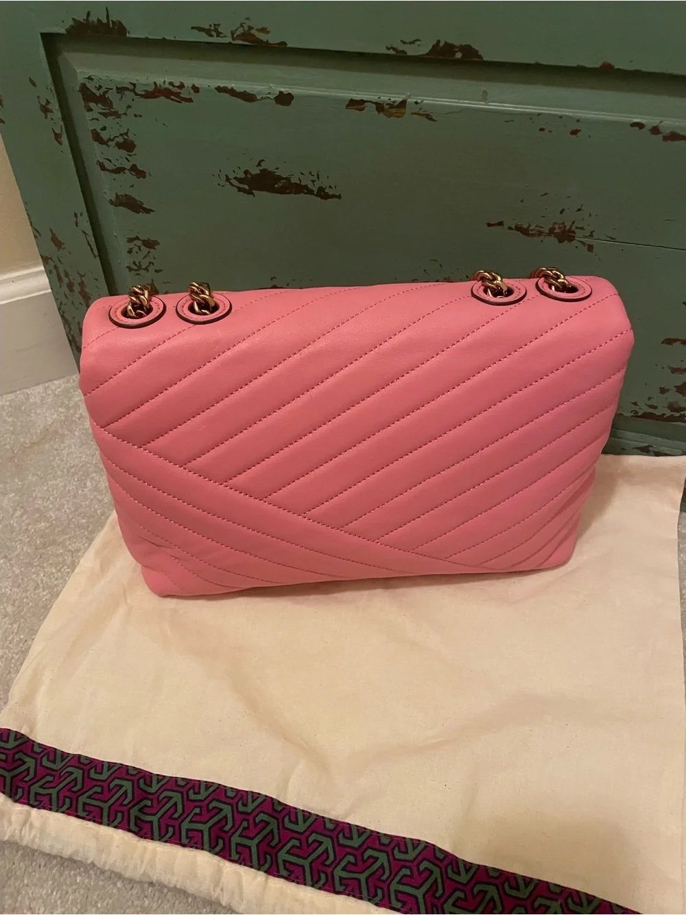 Tory Burch Pink Chevron Quilted Shoulder Bag with Gold Chain